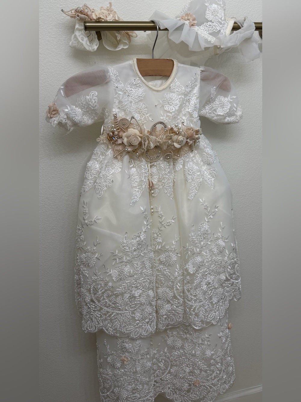 Ropon Beaded Babtism Dress with Floral Sash, Bonnet, Headband, and  Storage bag